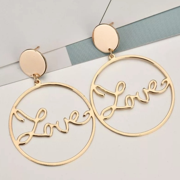 Gold Love Worded Round Hoop Dangle Earrings Cute Statement Jewelry Accessories - Picture 1 of 5